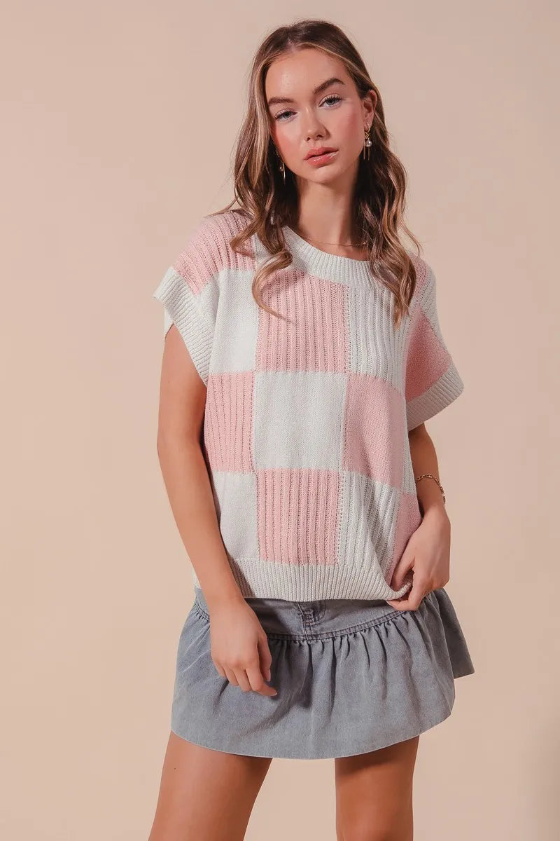 Check Plaid Casual Sweater Top in Dusty Pink side view