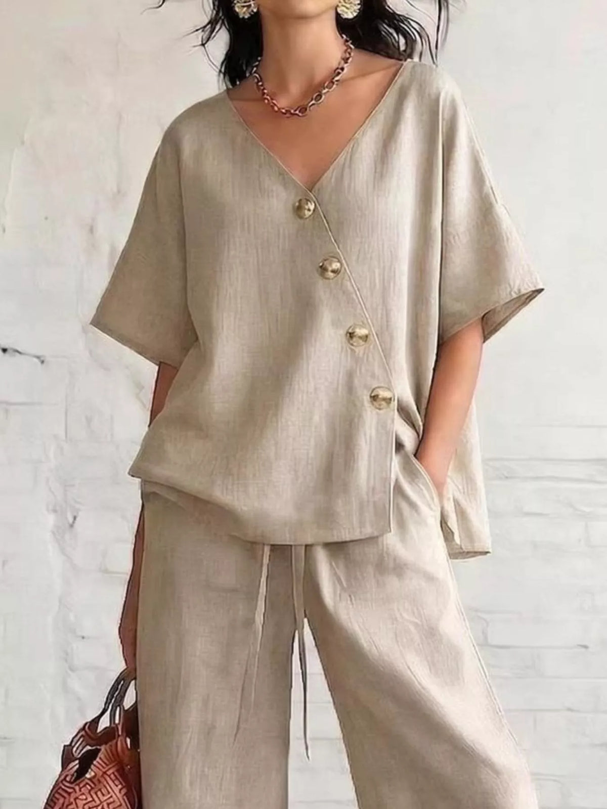 Colour range of the Belinda surplice top and pants set