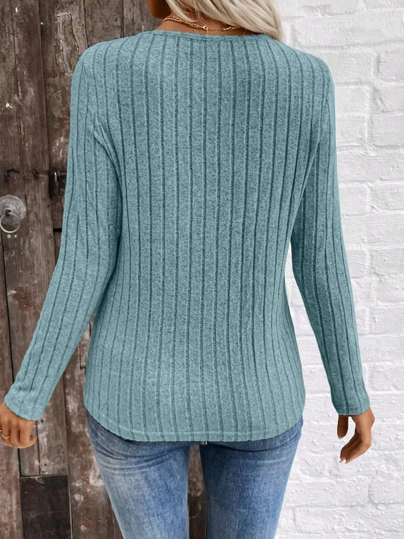 Ribbed V-Neck Long Sleeve Knit T-Shirt - Fashorio