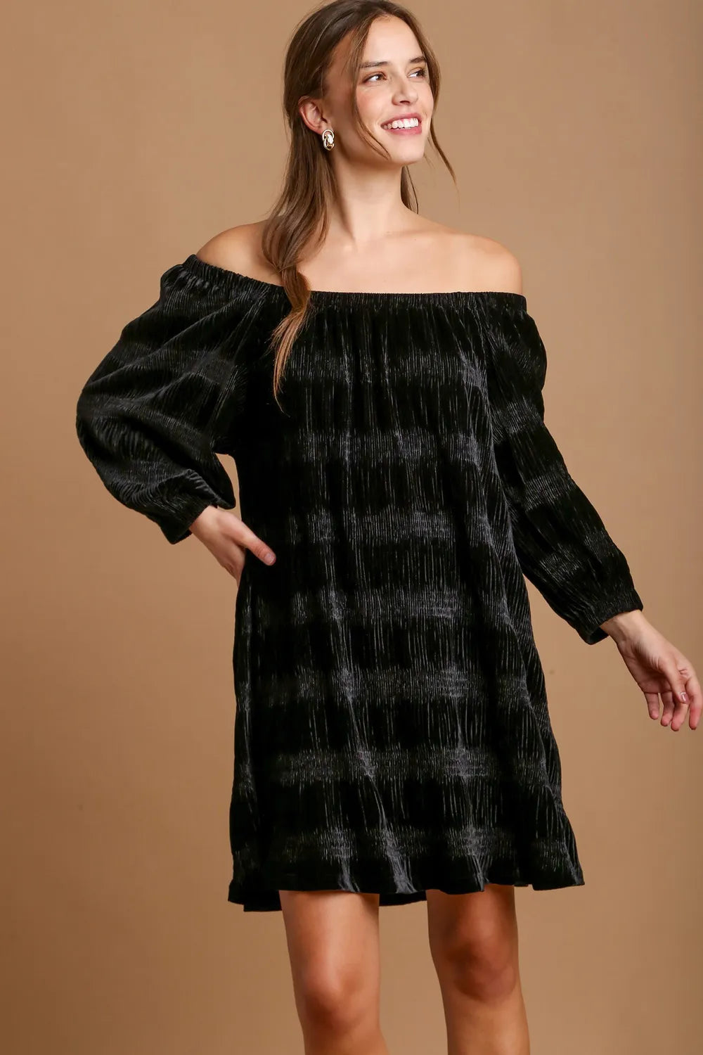Off Shoulder Velvet Balloon Sleeve Mini Dress in Black