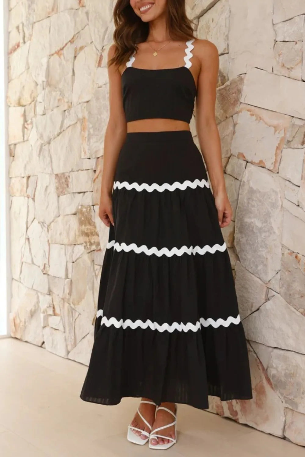 Black ruched cami and maxi skirt set side view