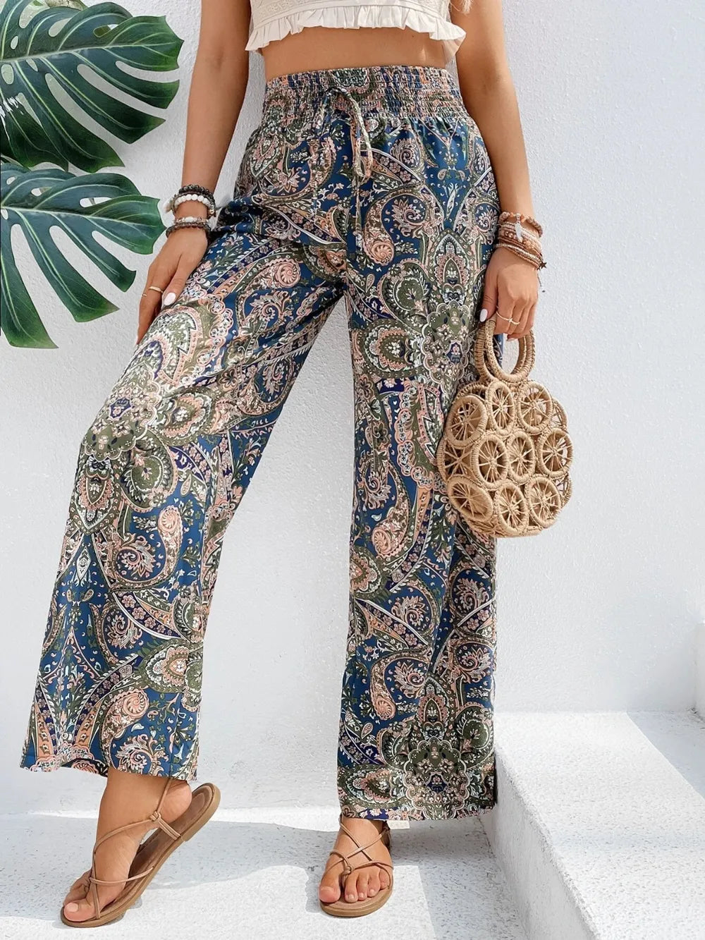 Printed tie waist wide leg pants full length styling