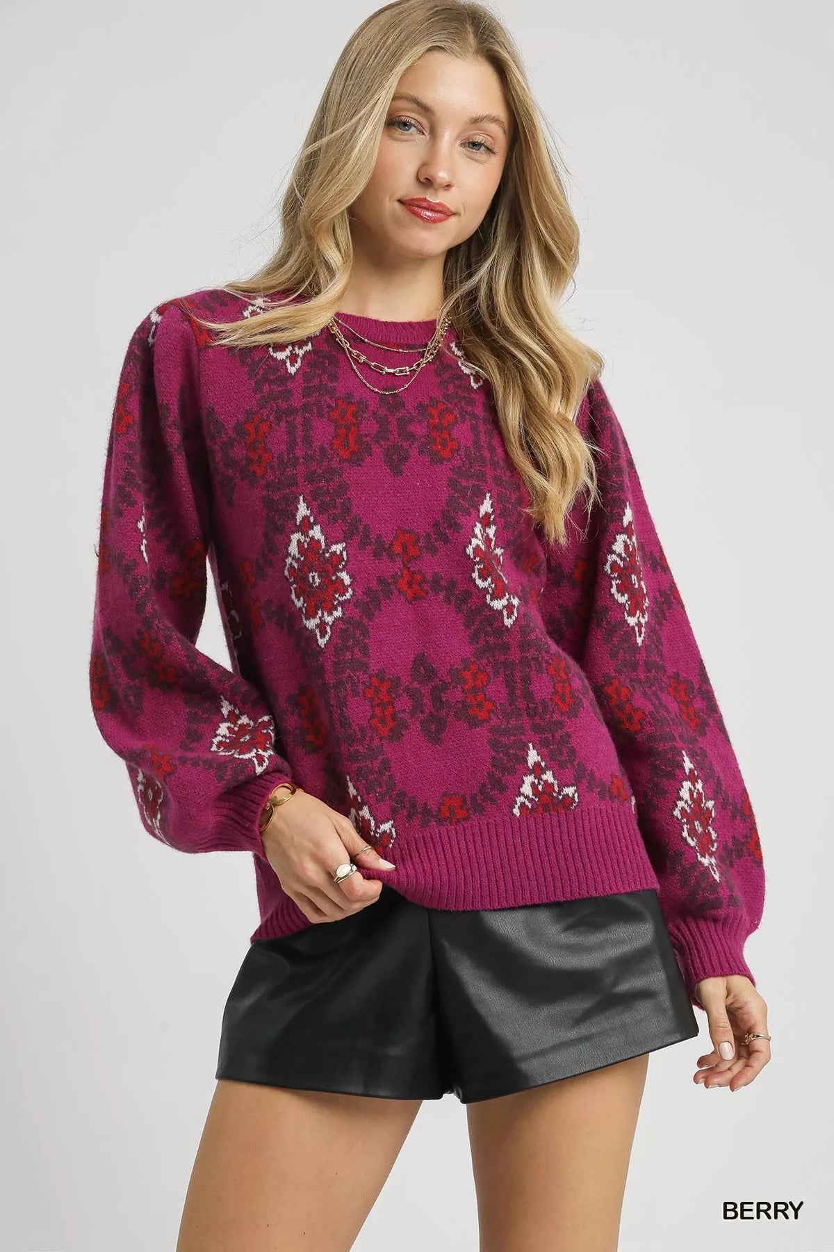 Boho Pattern Long Sleeve Sweater in Berry