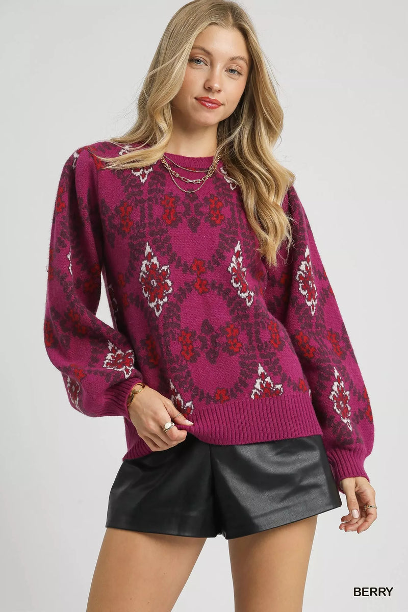 Boho Pattern Long Sleeve Sweater in Berry