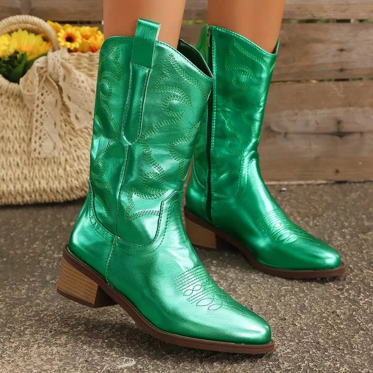 Embroidered western cowboy boots upper detail