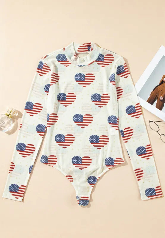 US Flag Heart Mock Neck Long Sleeve Bodysuit - Fashorio