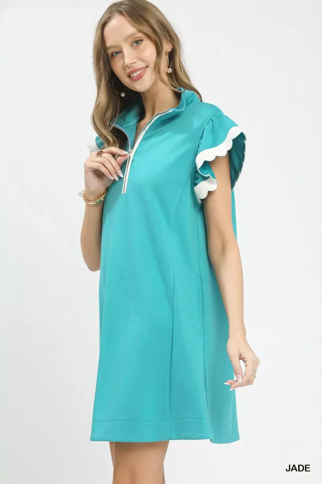 Zip Neck Flutter Sleeve Dress in Jade back view