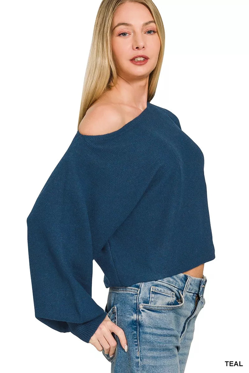 Balloon sleeve detail on teal sweater