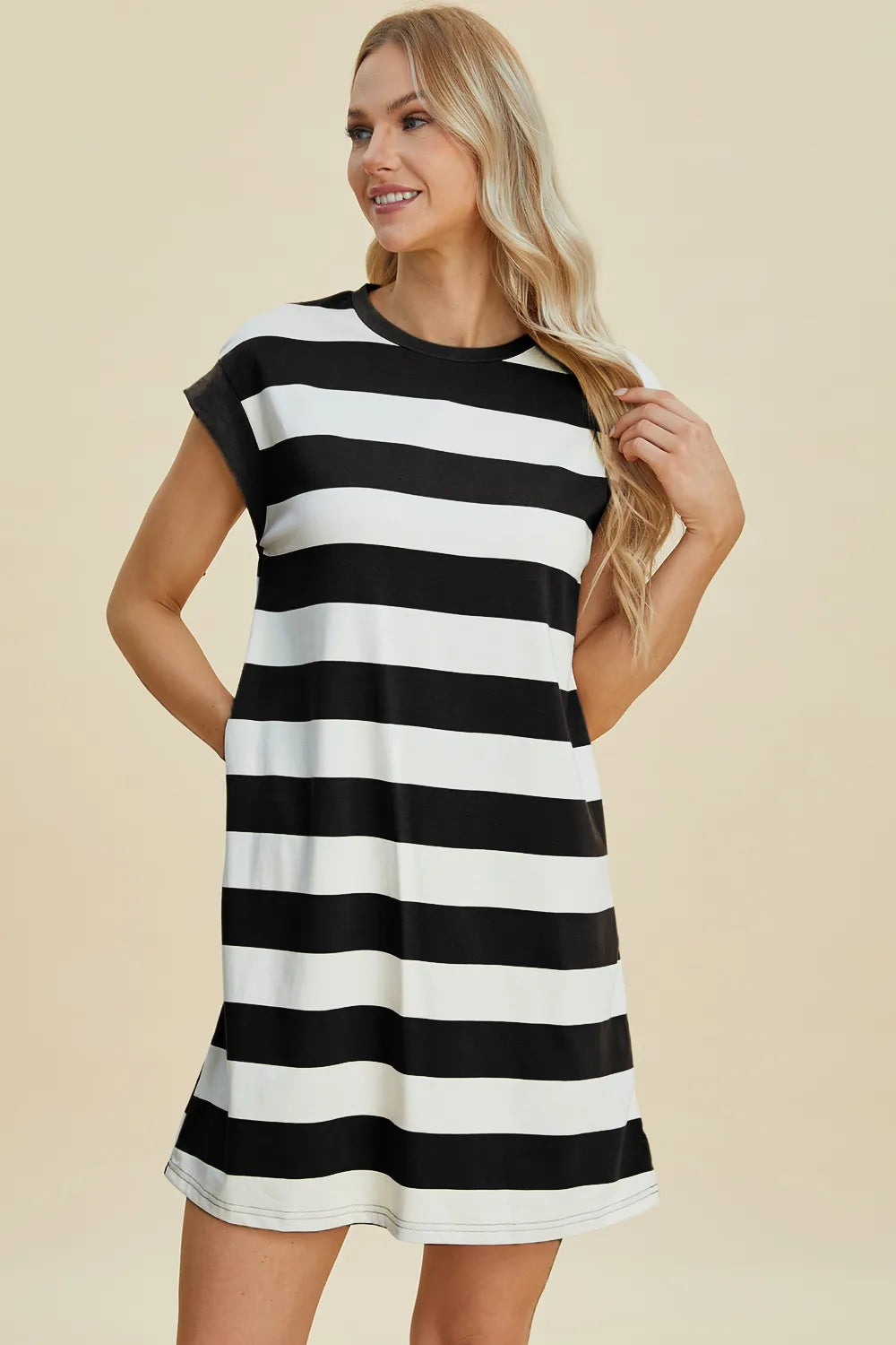 Round neck striped mini dress back view