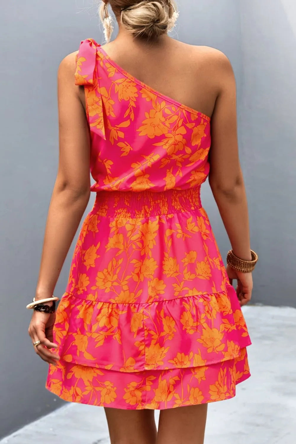 Single shoulder dress in orange red colorway