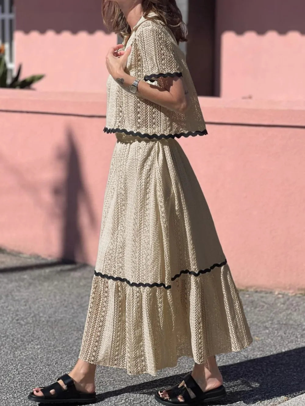 Contrast Trim Openwork Top and Skirt Set, view 9