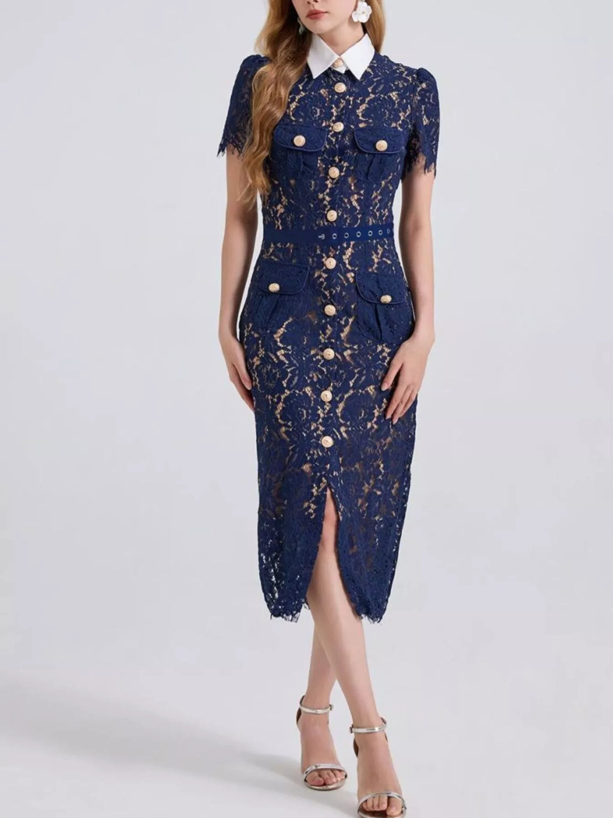 lace button down midi dress side profile