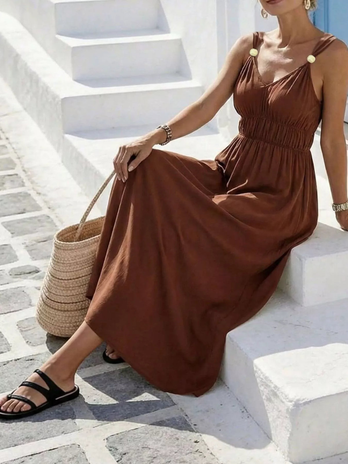 Ruched body detail on the brown maxi dress