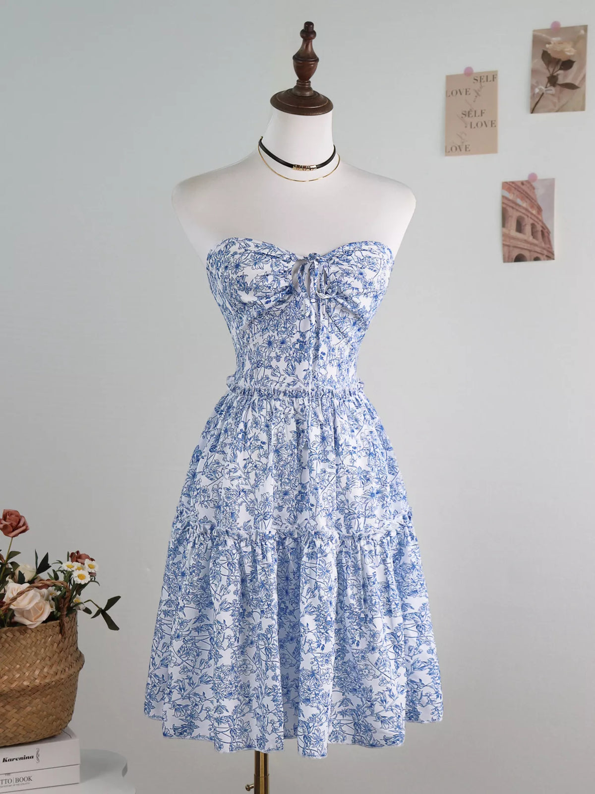 Blue floral halter neck ruffle hem summer dress, side view