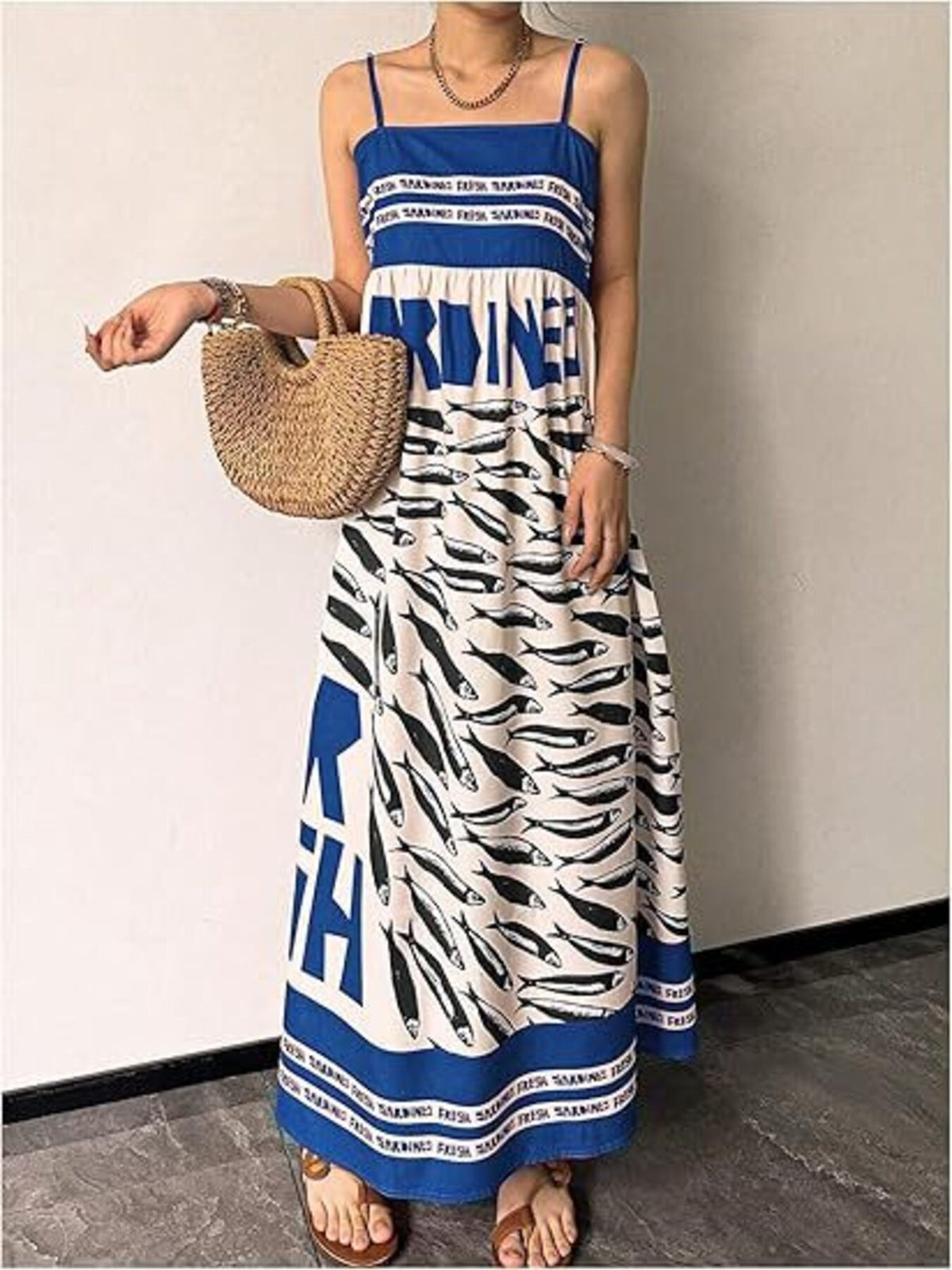 Sardine print spaghetti strap maxi dress detail of the neckline