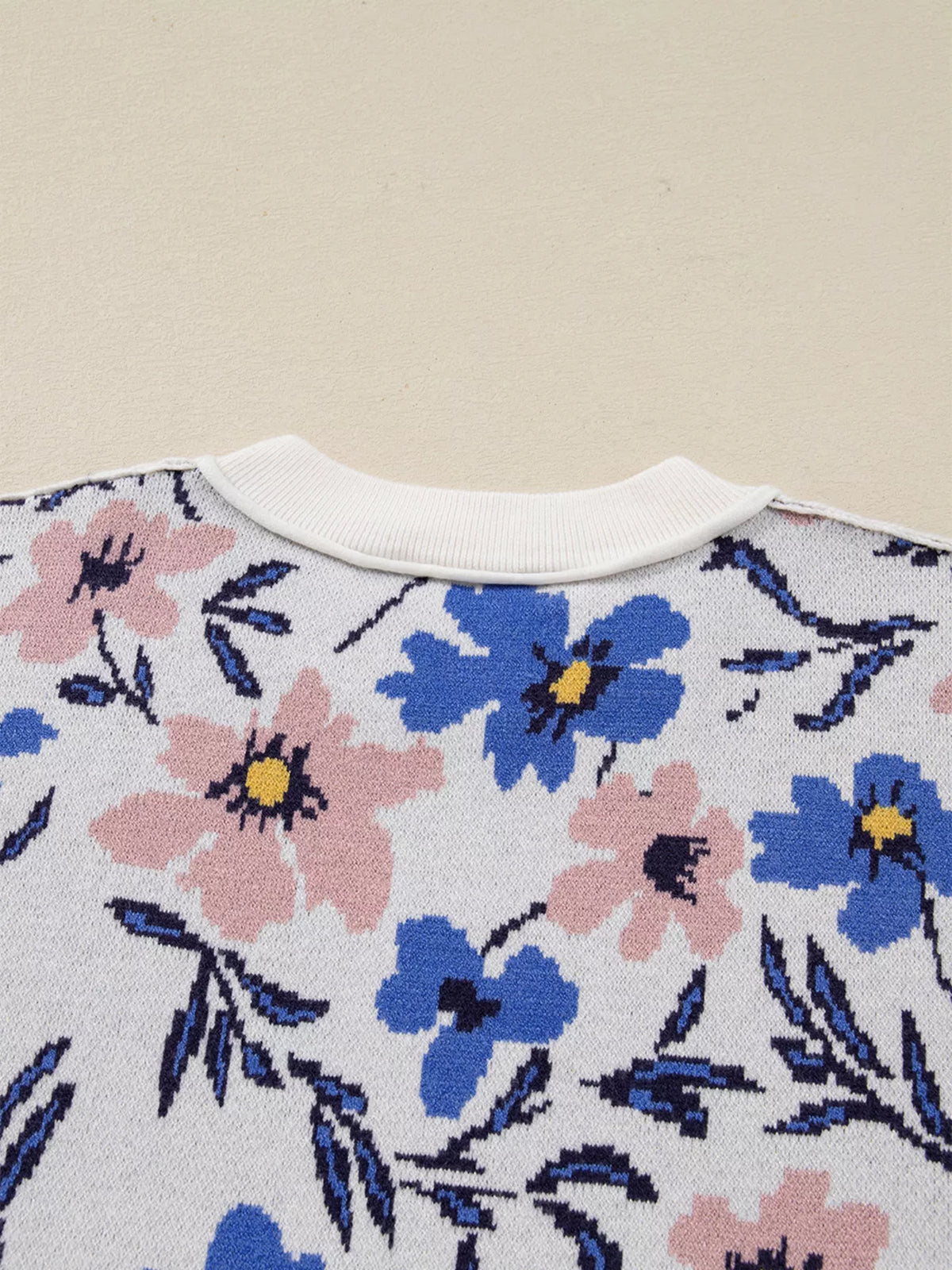 floral patchwork colorblock knit sweater fabric detail