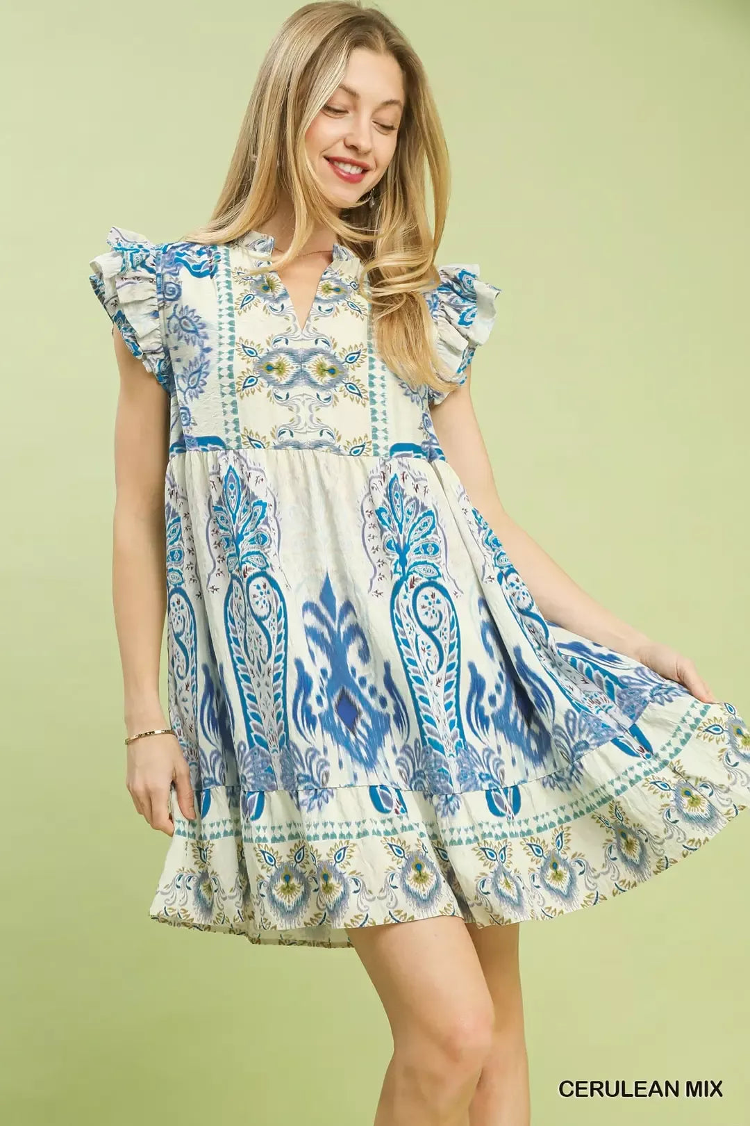 Umgee boho print dress with ruffle sleeves, front view