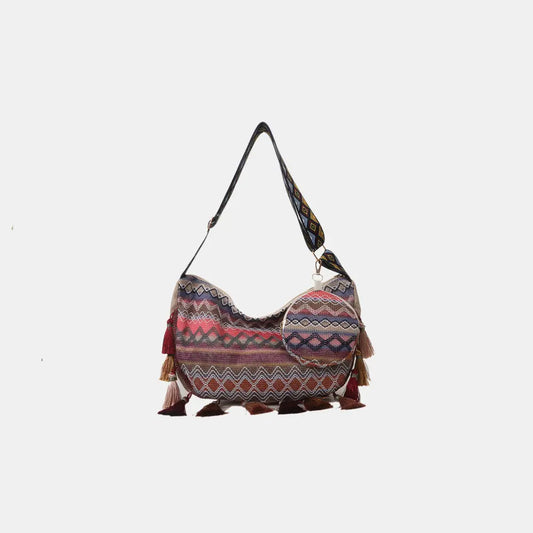Printed Tassel Detail Crossbody Bag with Small Purse Hot Pink One Size - Fashorio