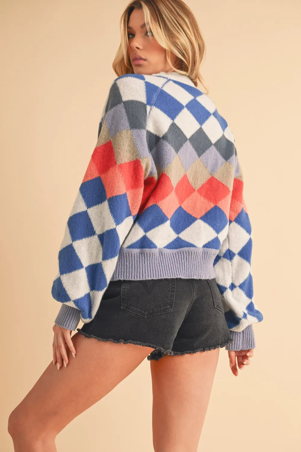 Blue sweater diamond knit pattern detail