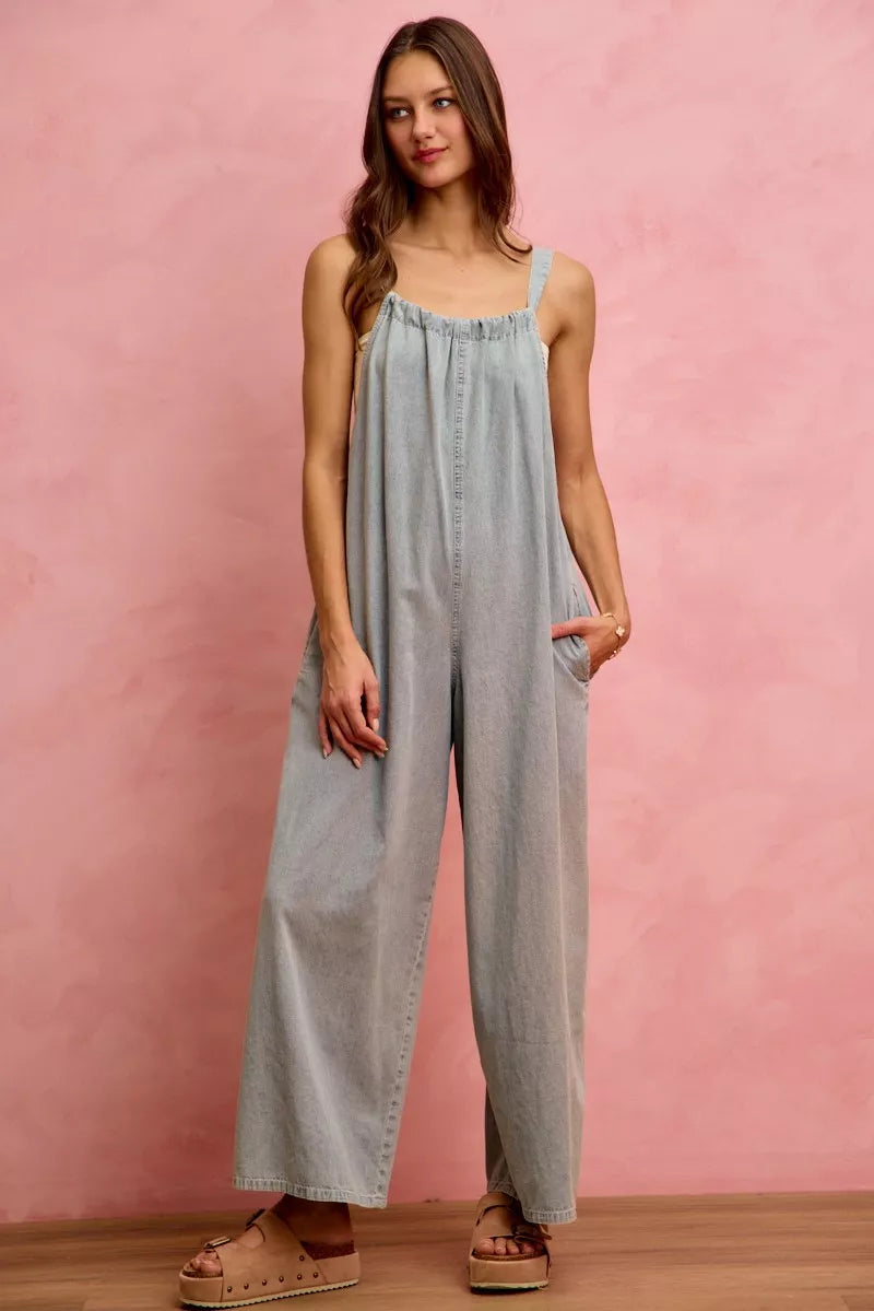 Wide leg lightweight denim overalls front view in light denim