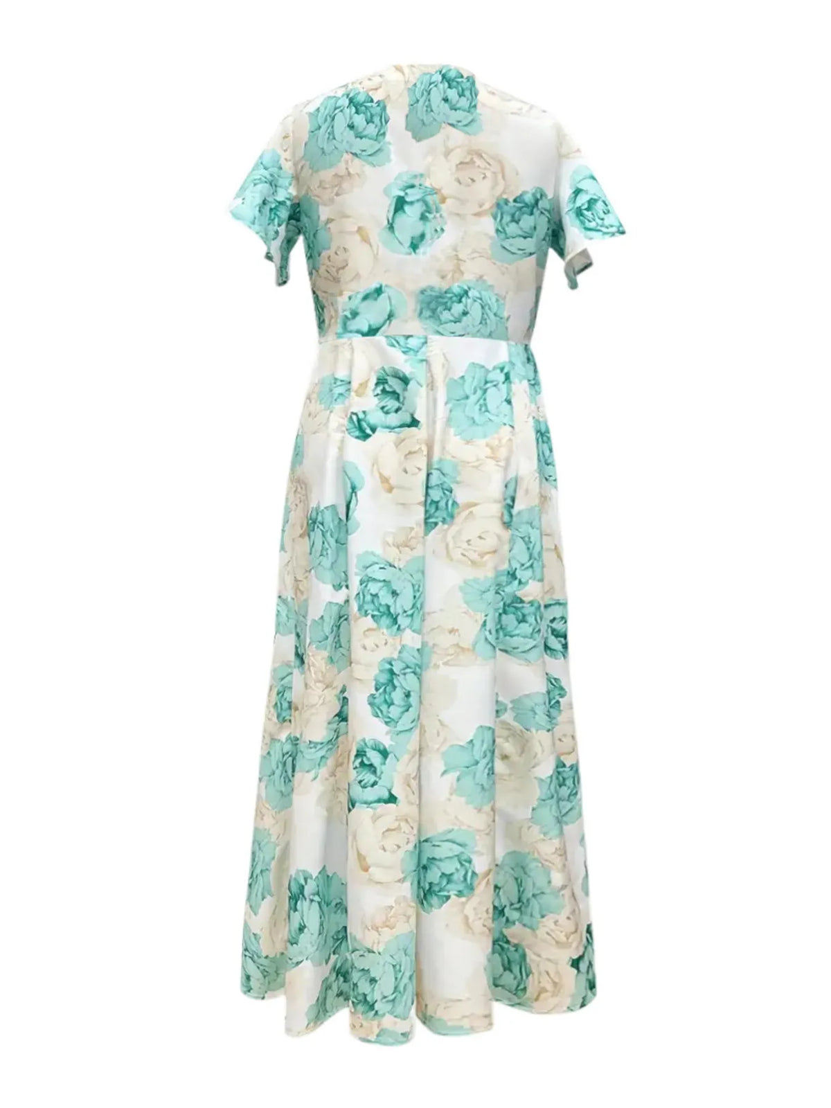 Plus size floral v neck maxi dress in light green detail of the neckline
