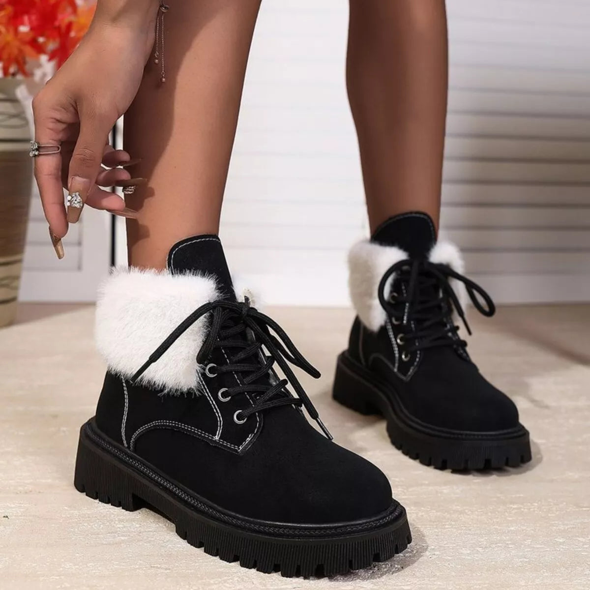 Lace Up Round Toe Block Heel Boots back view
