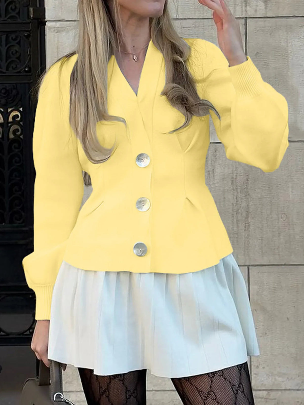 Button up V neck ruffle knit cardigan sleeve view