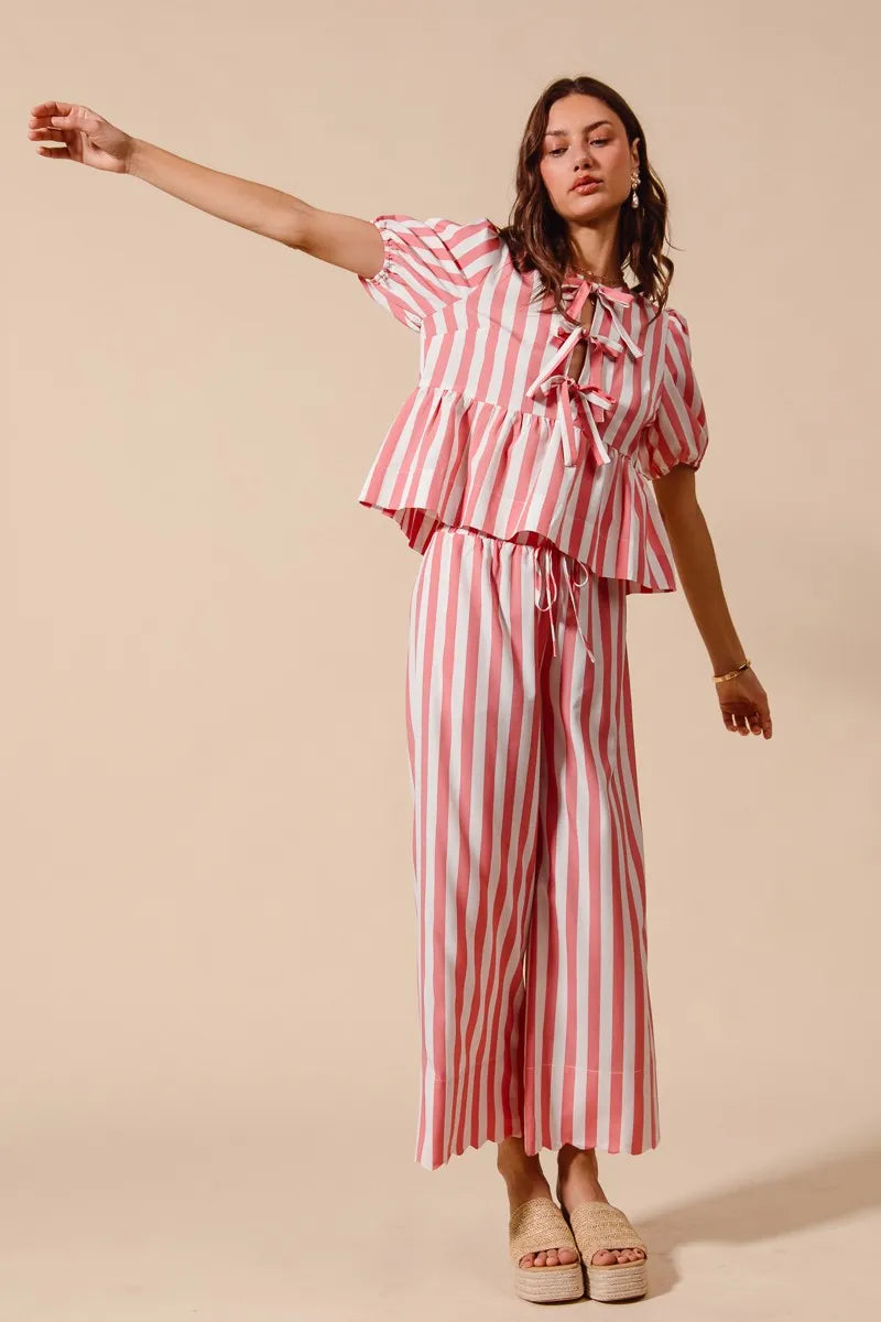 SO ME Front Tie Stripe Top With Puff Sleeves and Wide Leg Pants Set - Fashorio