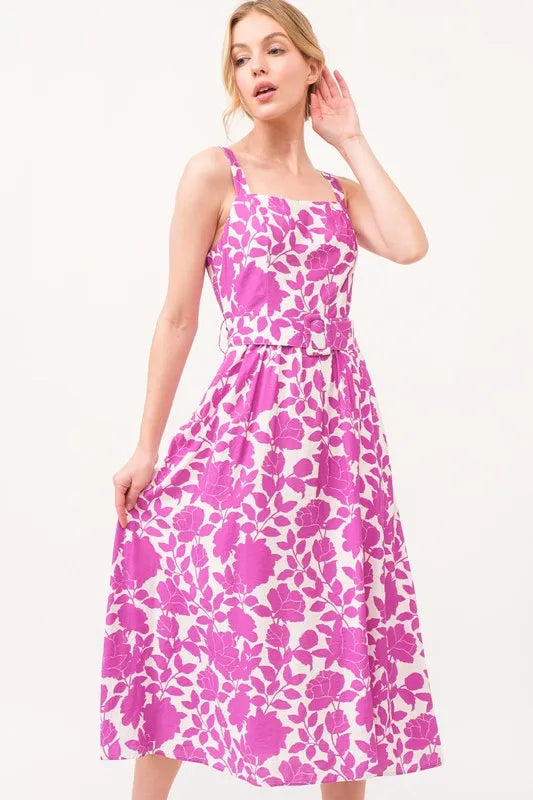 Floral Square Neck Belted Midi Dress in Magenta detail