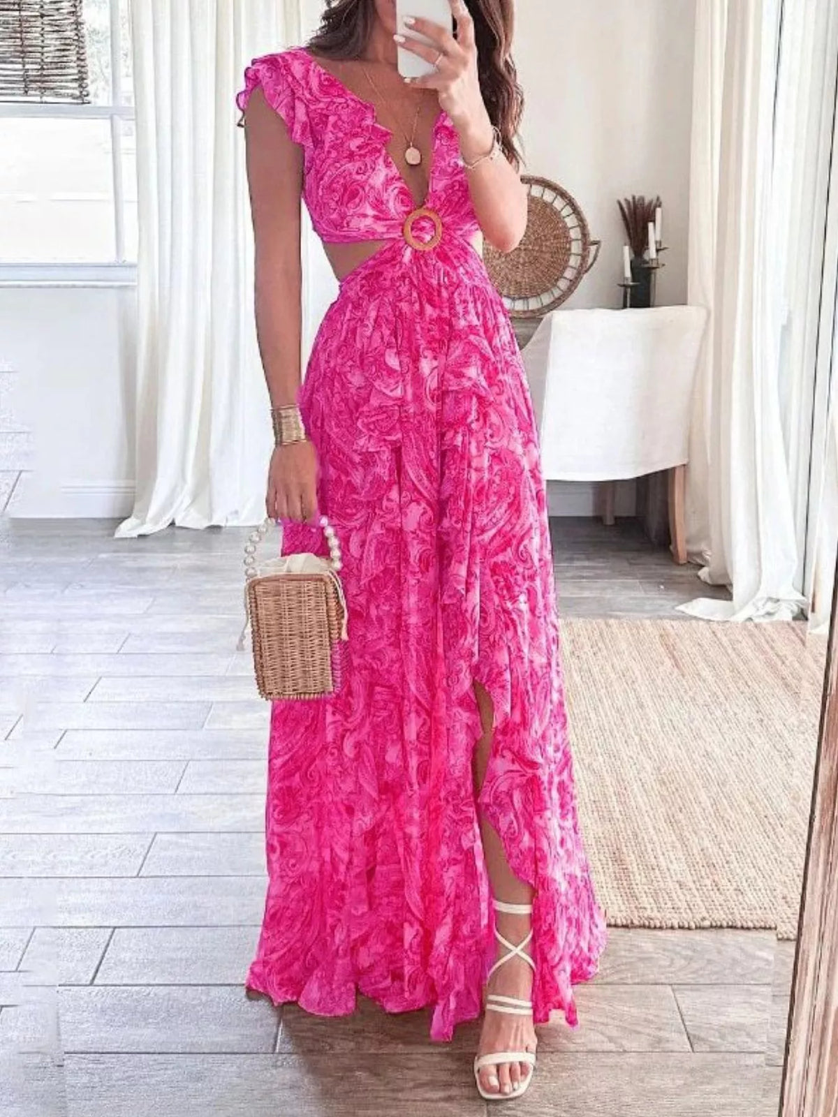 Ruffled cutout V neck maxi dress close up of the neckline
