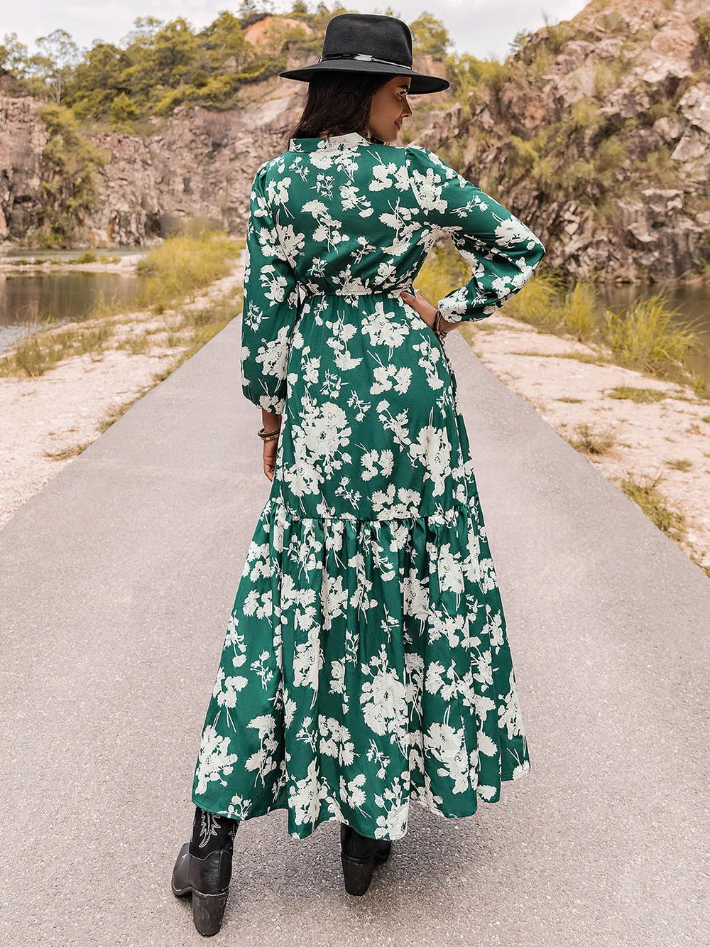 Printed Notched Neck Maxi Dress - Fashorio