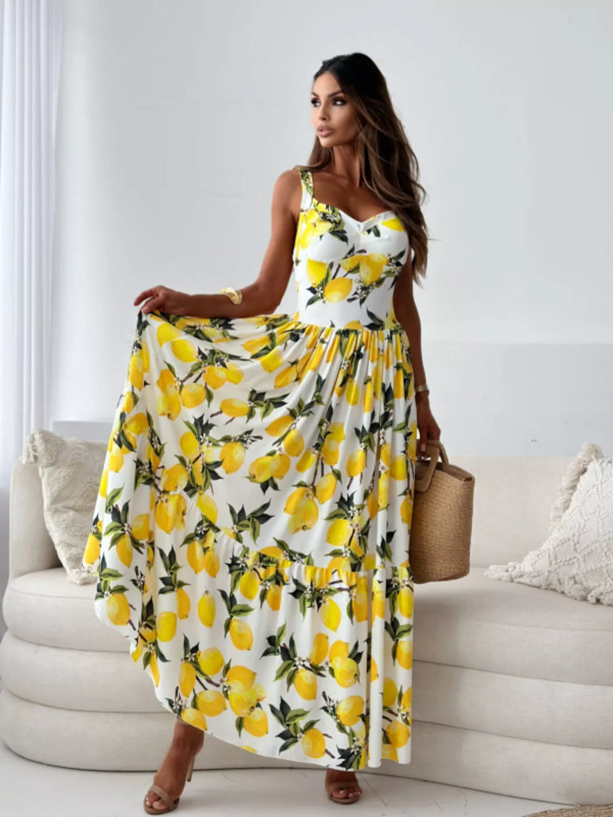 Lemon print maxi dress shown from the side