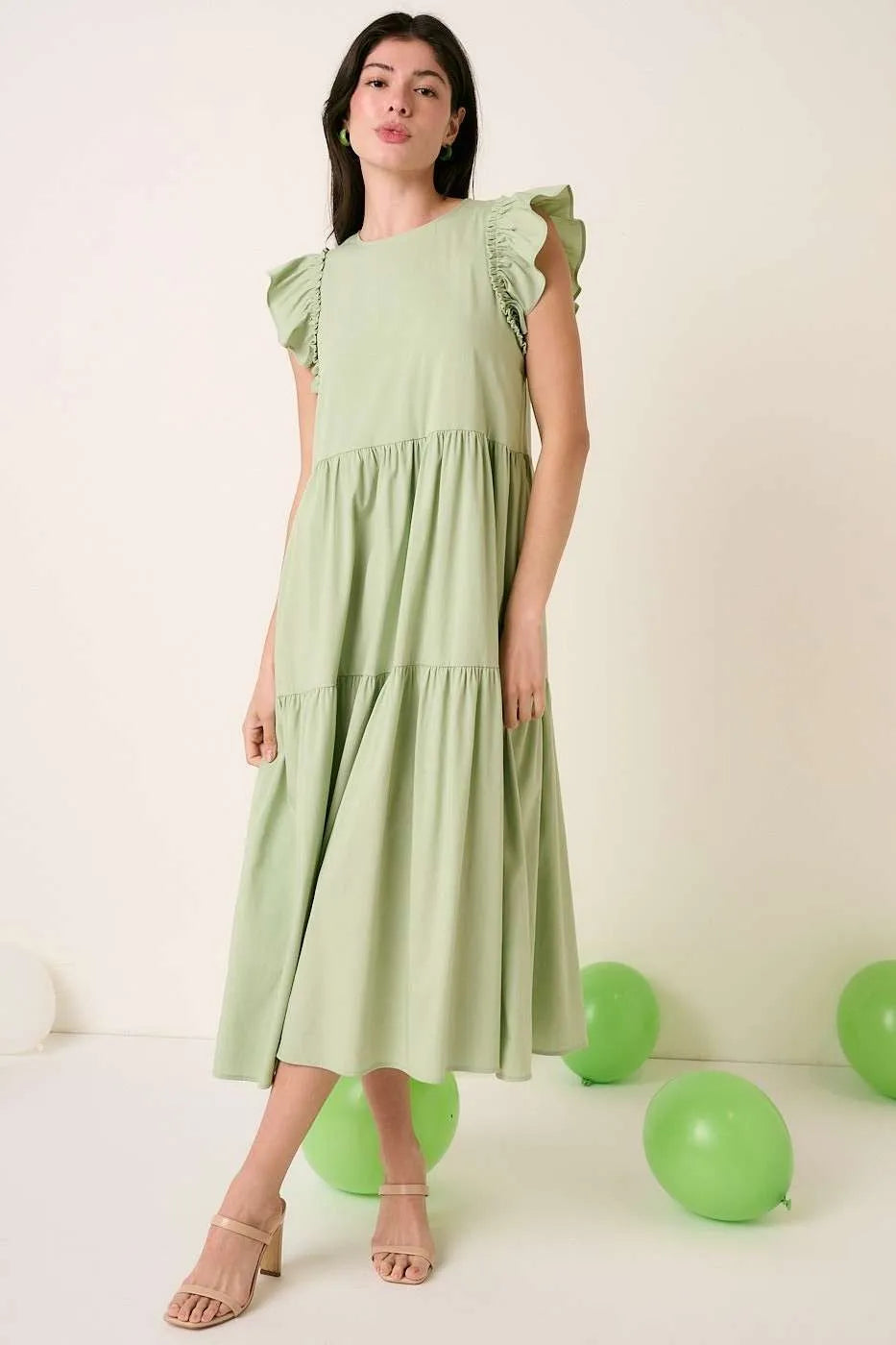 Mittoshop ruffle short sleeve tiered maxi dress in sage side view