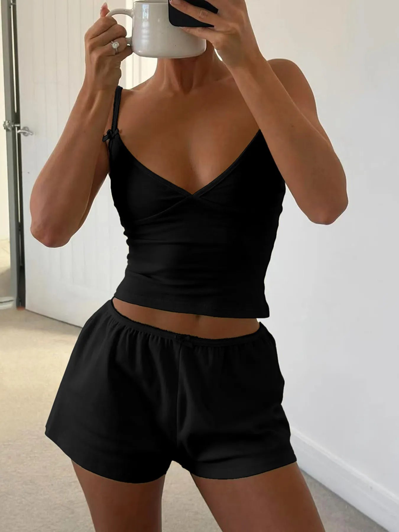 V-Neck Cami and Shorts Set Black - Fashorio