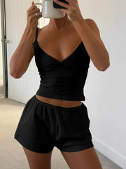 V-Neck Cami and Shorts Set Black - Fashorio