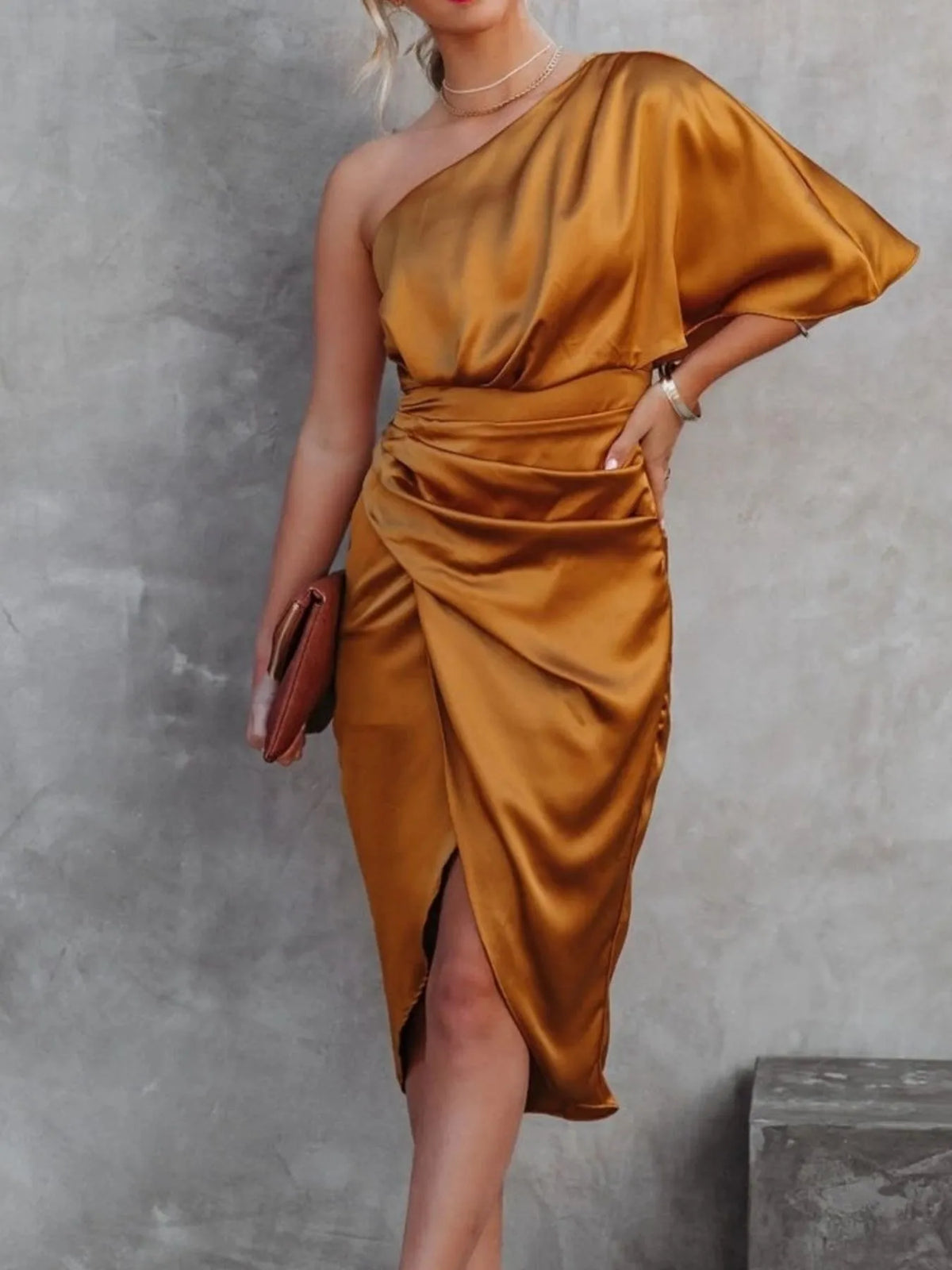One shoulder satin wrap dress with side slit styled look