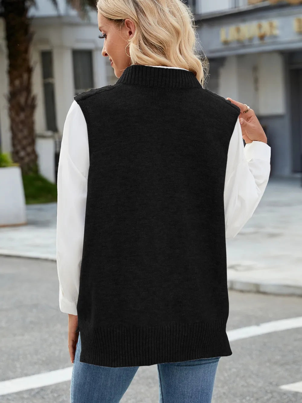 Cable Knit V Neck Sweater Vest in Gray view 13