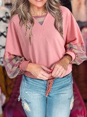 Striped Mesh Sleeve Patchwork Exposed Seam Top Dusty Pink - Fashorio