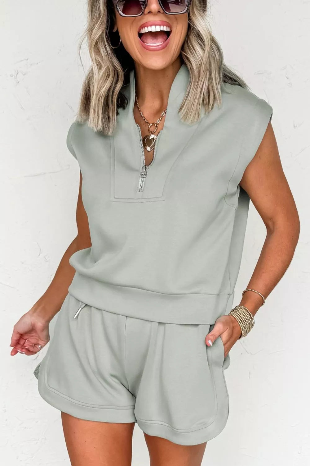 Sage two piece set quarter zip detail