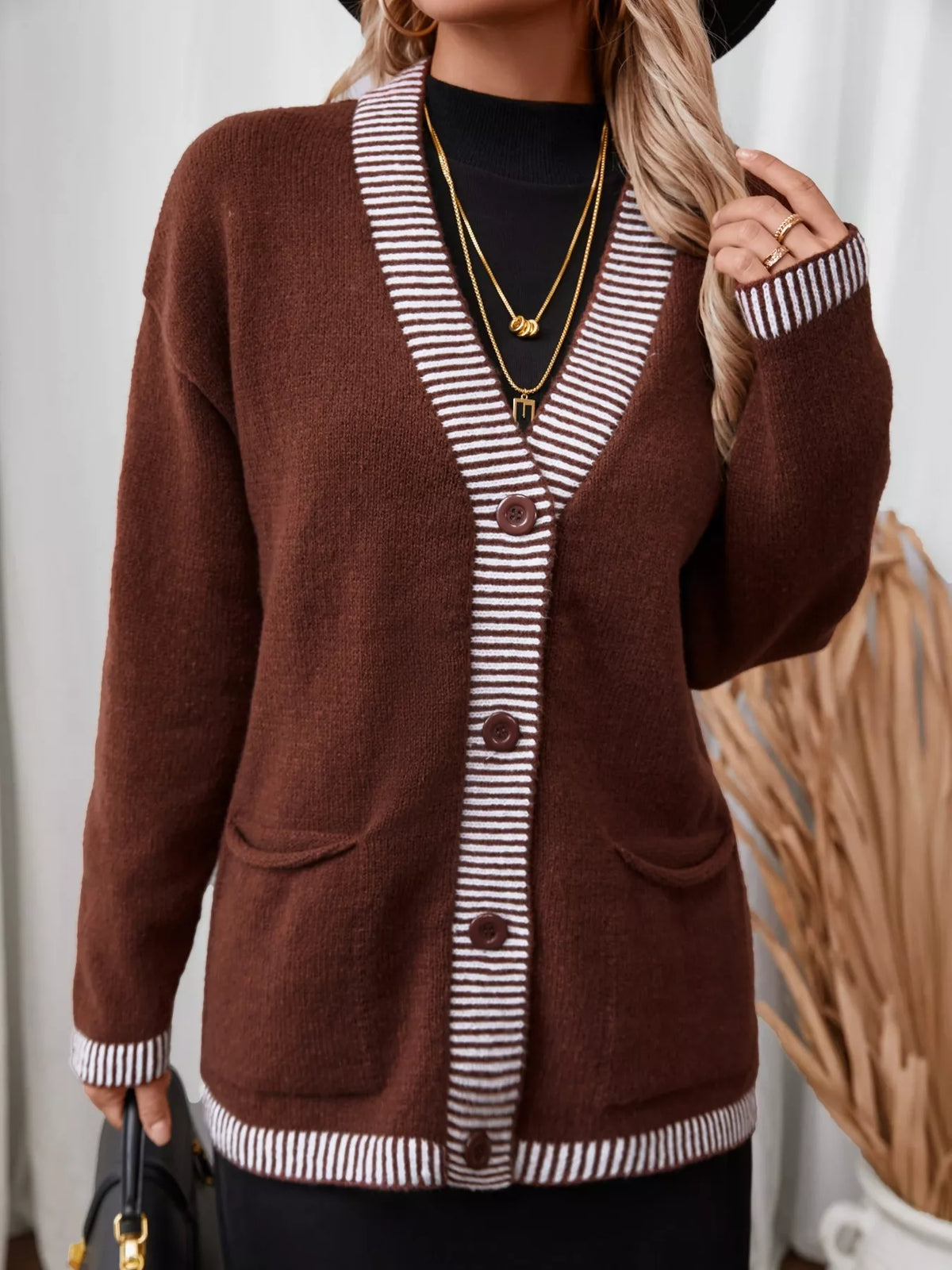 brown striped trim button front knit cardigan open front styled