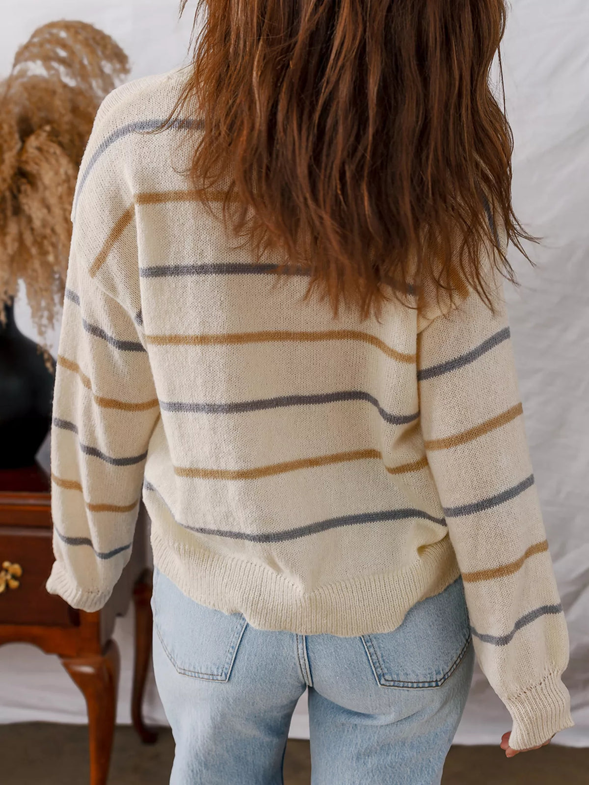 Striped ribbed drop shoulder sweater, back view