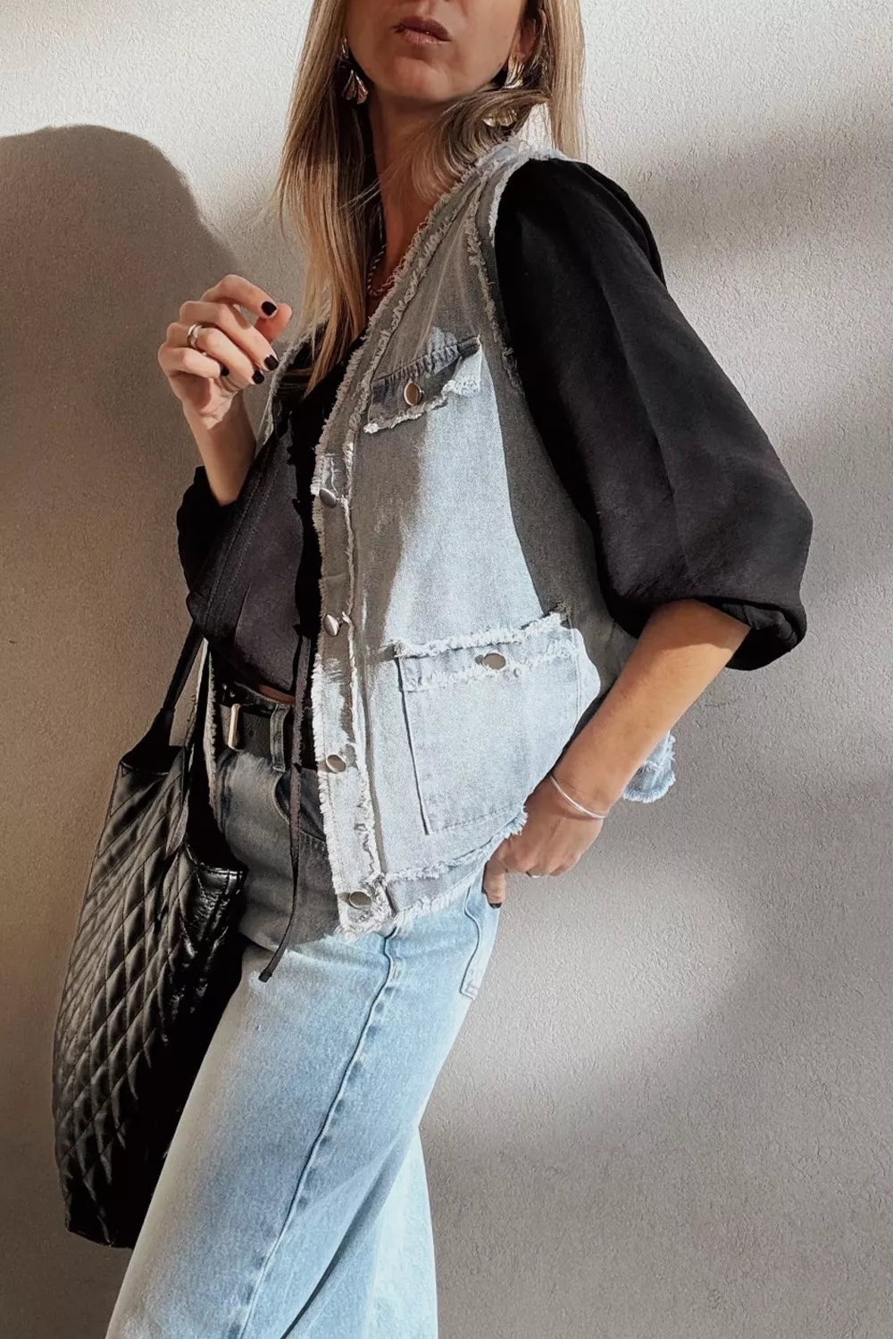 Frayed Flap Pocket Denim Vest in Light Blue on model