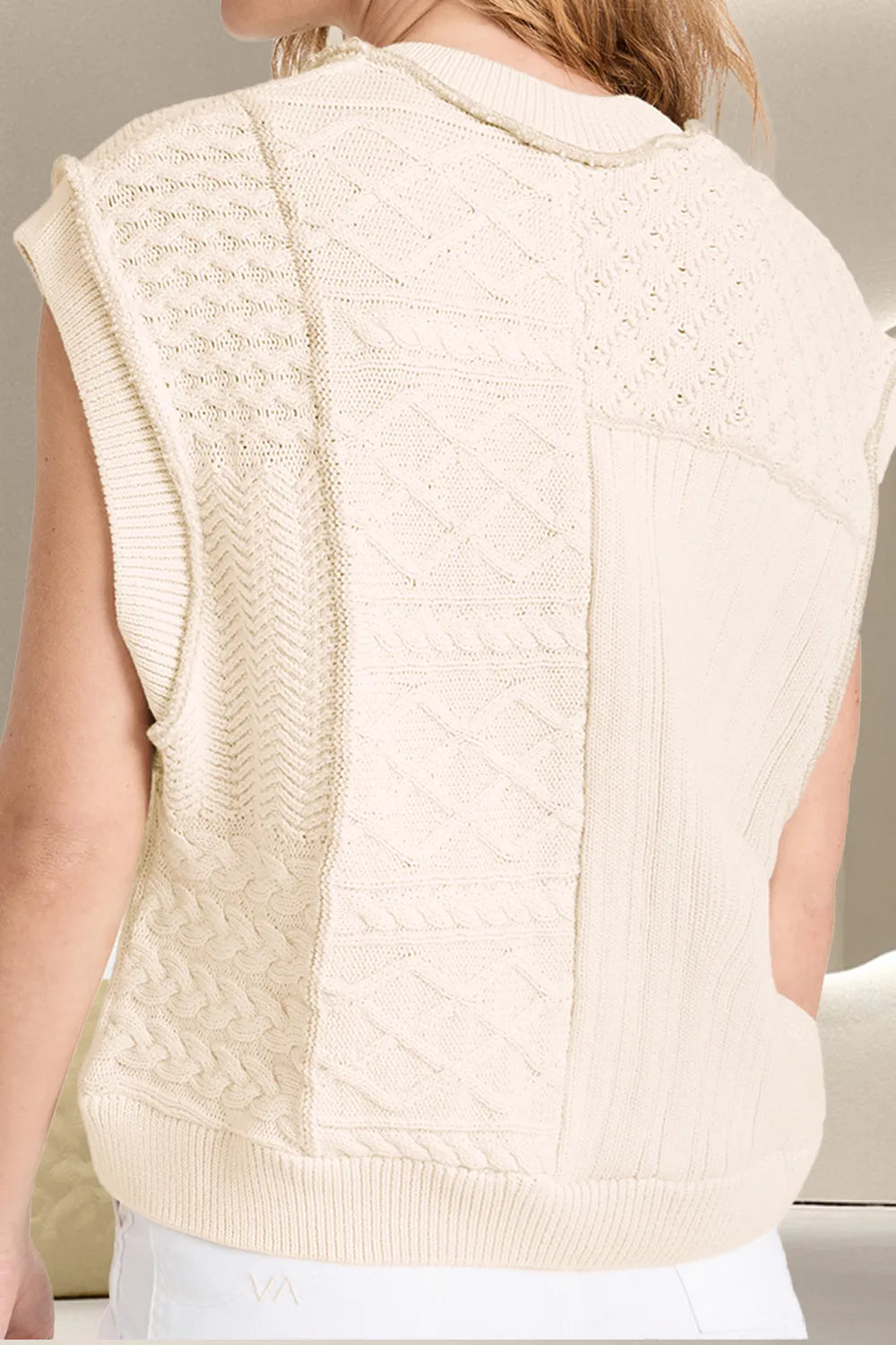 Cable Knit Round Neck Sweater Vest in Ivory side view
