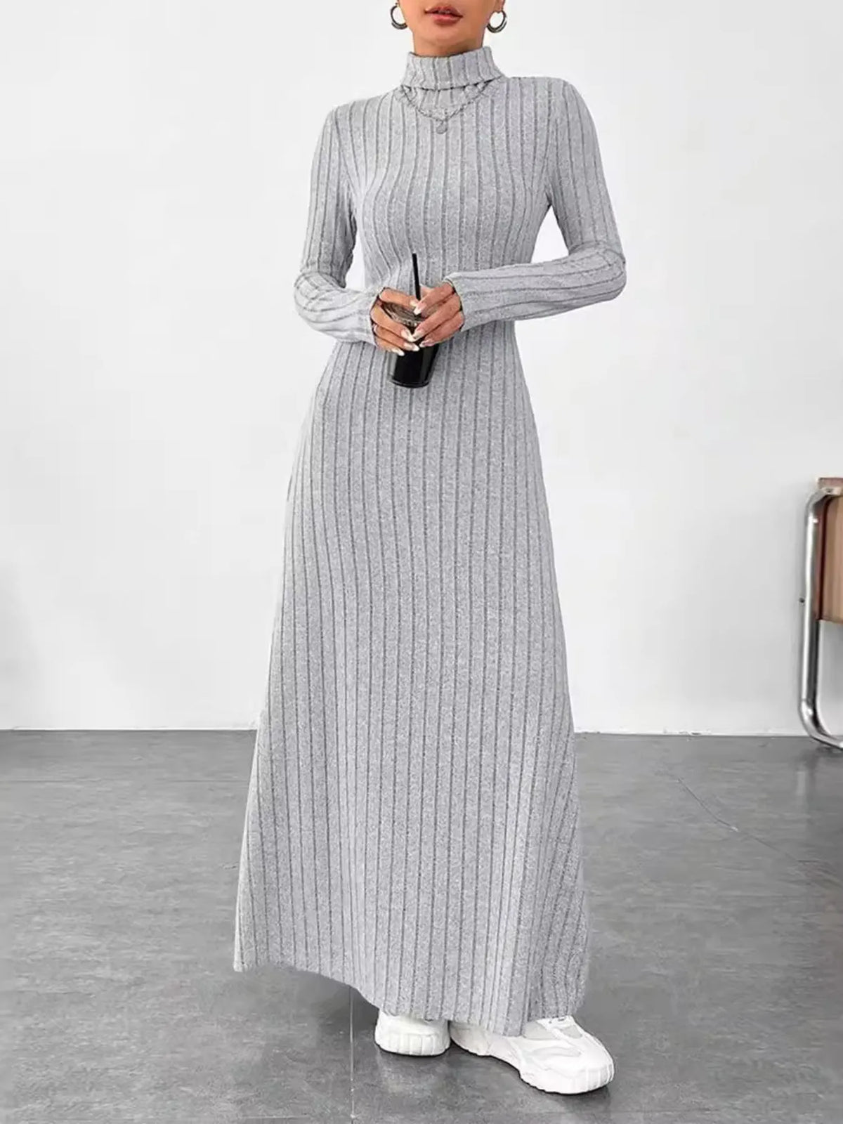 Gray Ribbed turtleneck maxi sweater dress, knit texture close up