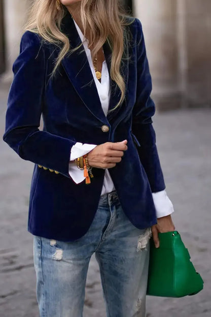 One Button Lapel Collar Long Sleeve Blazer Navy - Fashorio