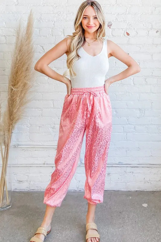 And The Why Satin Leopard Print Joggers PINK - Fashorio