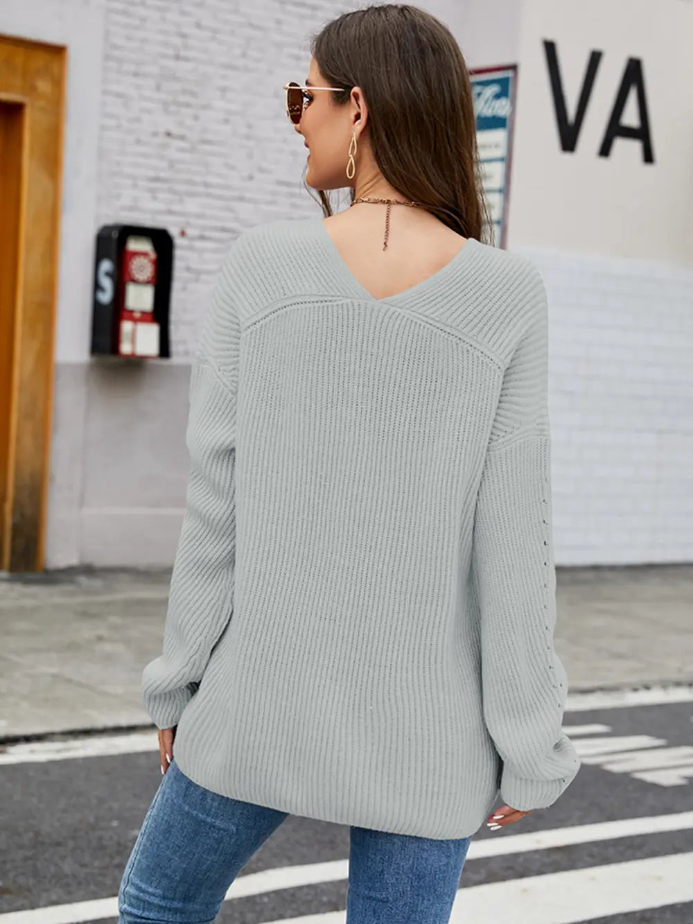 Openwork Dropped Shoulder Long Sleeve Sweater - Fashorio