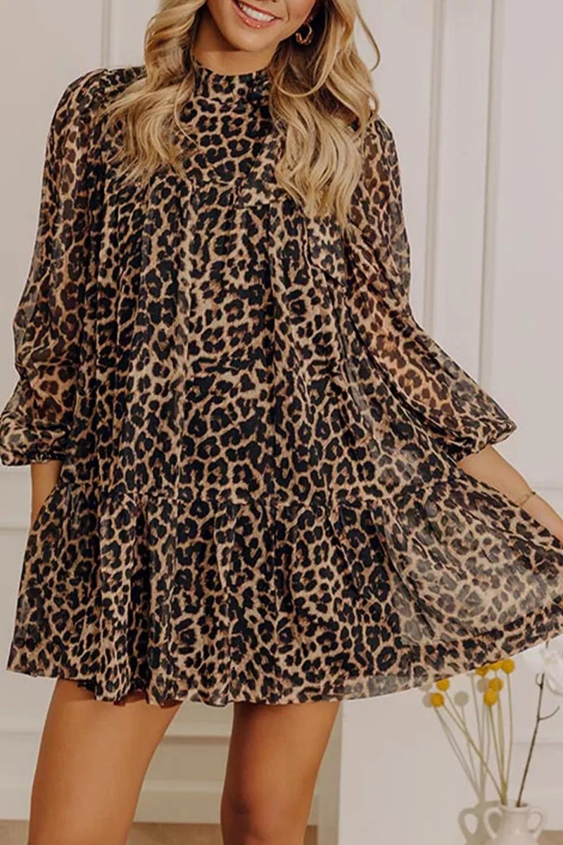 Brown leopard print long sleeve tiered dress, front view