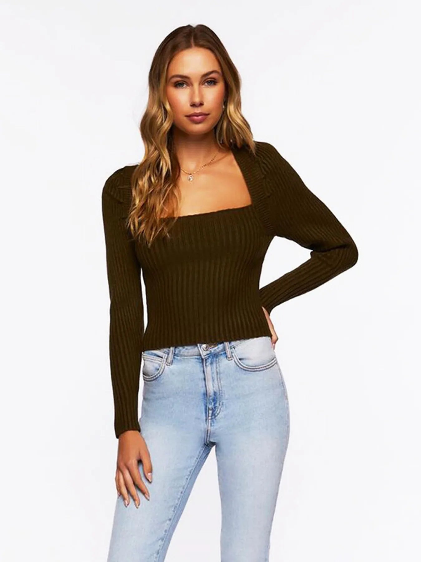Ribbed Square Neck Long Sleeve Sweater Dark Brown - Fashorio