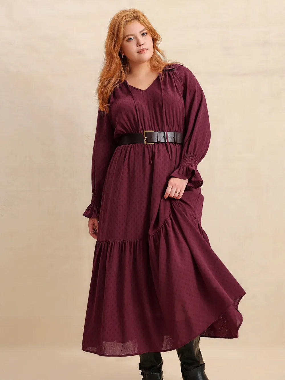 Swiss dot tie neck flounce maxi dress in burgundy front view